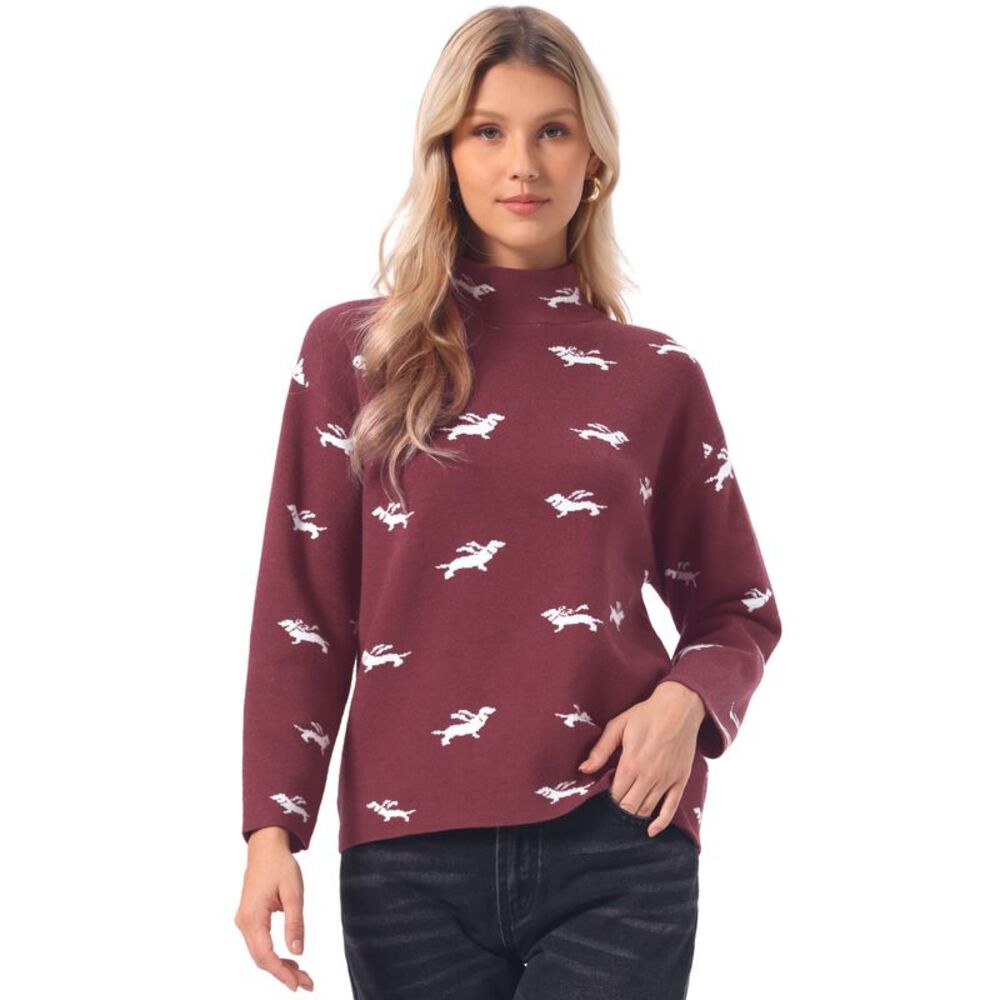 Women Mock Neck Casual Knit Pullover Long Sleeve Sweater Tops Burgundy